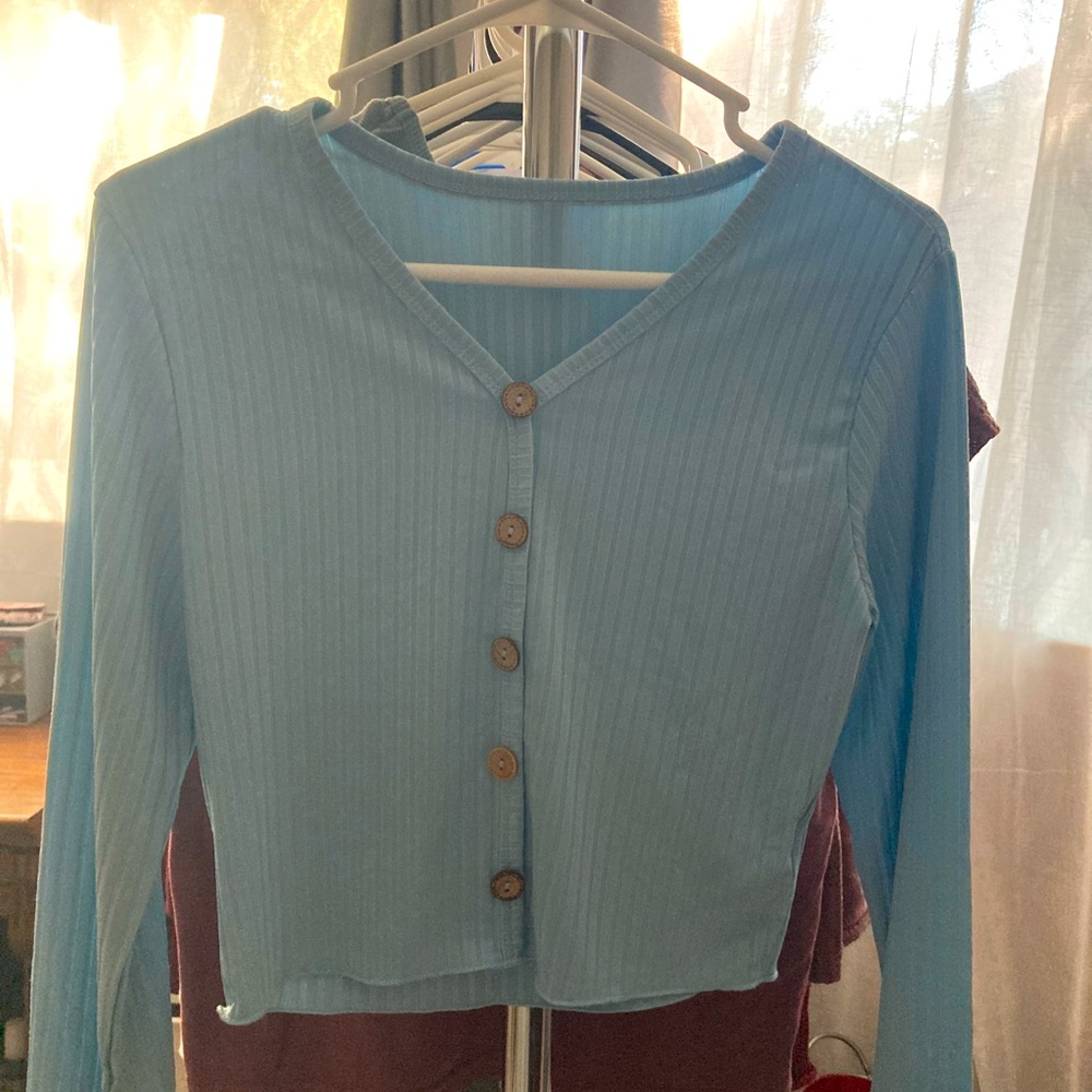 Baby blue long sleeve button up cropped shirt.